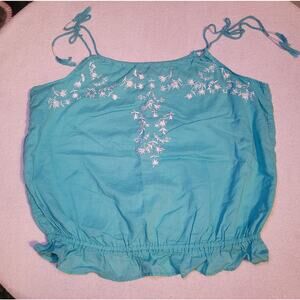 Aeropostale Teal White Embroidered Floral Cami Tank Top Medium Womens Shirt